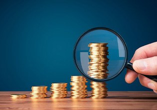 Stacks of coins examined with magnifying glass
