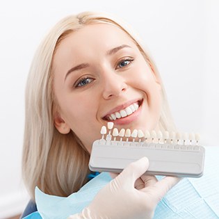 Woman's smile compared with color shading chart